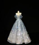 Niulatu A Line Off the Shoulder Beaded Grey Ombre Organza Long Prom Dress HZ0113