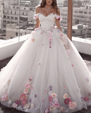 Niulatu Shoulder Tulle Ball Gown Wedding Dresses Floral Flowers Beaded HZ0113