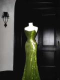 Niulatu Strapless Green Sequin Prom Dress Long Mermaid Evening Dress HZ1007
