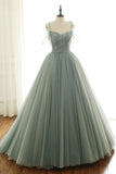 Niulatu green tulle long ball gown with spaghetti straps, sage green sweet 16 dress prom gown HZ0113