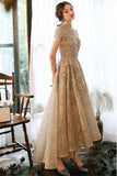 Niulatu champagne lace satin prom dress champagne evening dress HZ0113