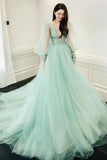 Niulatu v neck tulle long prom dress green evening dress HZ0113