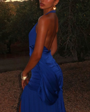 Niulatu Halter Backless Blue Long Prom Evening Dress HZ1007