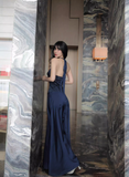Niulatu Blue A Line Halter Bow Satin Open Back Prom Dress Evening Dress HZ0113