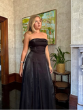 Niulatu Black Strapless A Line Evening Dress Long Prom Dress HZ1007