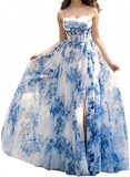 Niulatu Blue Chiffon Print Floral Slit Prom Dress Spaghetti Straps Evening Gown HZ1007