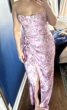 Niulatu Printed Corset Front-Slit Satin Prom Dress Formal Evening Dress HZ1007