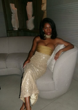 Niulatu Mermaid Strapless Long Yellow Sequin Satin Party Dresses Prom Dresses SD2042