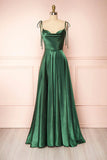 Niulatu Cowl Neck Spaghetti Straps Satin Prom Dress With Thigh Slit HZ0113