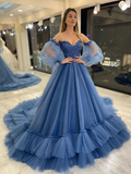 Niulatu Neck Tulle Blue Prom Dress Puff Sleeves Long Blue Formal Evening Dress HZ1007