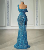 Niulatu Shoulder Sparkly Evening Dress Long Mermaid Blue Sexy Formal Dress HZ1007