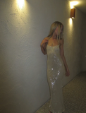 Niulatu Straps Champagne Sequin Sheath Long Prom Dress Evening Dress HZ1007