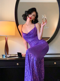 Niulatu Shiny Purple Mermaid Straps Sequin Long Prom Dress Vacation Dress HZ0113