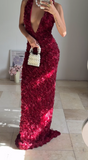 Niulatu Deep V Burgundy Rose Flowers Sheath Long Prom Dress Evening Dress HZ1007