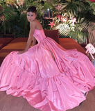 Niulatu Pink A-line Strapless Side Slit Long Party Prom Dresses HZ0113