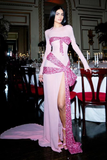 Niulatu Pink Chiffon Sequins Big Bow Split Evening Dress Long Prom Dress HZ1007