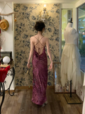 Niulatu Purple Mermaid Spaghetti Strap Velvet Open Back Prom Dress 22th Birthday Dress HZ0113