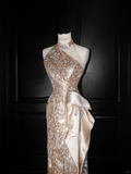 Niulatu Champagne Gold Sequin Sheath Prom Dress Halter Long Evening Dress HZ1007