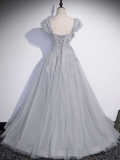 Niulatu Gray Tulle Sequin Long Prom Dress Gray Formal Evening Dress HZ1007