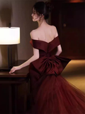 Niulatu Off Shoulder Evening Dress with Bow Burgundy Prom Dress HZ1007