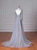 Niulatu Blue V Neck Sequins Beaded Tulle Prom Dress A Line Backless Evening Dress HZ1007