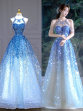 Niulatu Blue Tulle Sequins Beaded Evening Dress Shiny Formal Prom Dress HZ1007