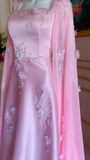 Niulatu Pink Satin Long A Line Evening Dress Pretty Appliques Prom Dress HZ1007