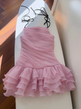 Niulatu Pink A Line Spaghetti Strap Layered Chiffon Homecoming Dress HZ0113