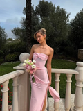 Niulatu Strapless Pleated Slit Prom Dress Sheath Long Party Evening Gown HZ1007