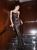 Niulatu Black A Line Spaghetti Strap Satin Open Back Prom Dress Wedding Guest Dress HZ0113