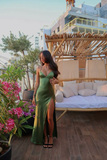 Niulatu Spaghetti Straps Green Prom Dress Long Slit Evening Dress HZ1007