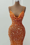 Niulatu Straps Sparkly Evening Dress Orange Glitter Mermaid Prom Dress HZ1007