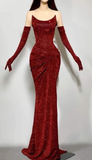 Niulatu Sequins Red Mermaid Evening Dress Formal Prom Dress With Gloves HZ1007