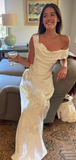Niulatu Satin Print Floral White Long Prom Dress Off The Shoulder Mermaid Evening Dress HZ1007