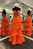Niulatu Orange Strapless A-Line Lace Layered Appliques Prom Dress Slit Evening Dress HZ1007