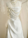 Niulatu Strapless Satin Pearls Chain White Prom Dress A Line Evening Dress HZ1007