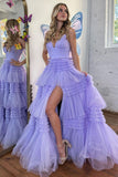 Niulatu Spaghetti Straps Long Tiered Tulle Prom Dress With HZ1007