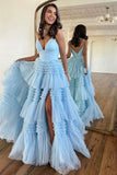 Niulatu Spaghetti Straps Long Tiered Tulle Prom Dress With HZ1007