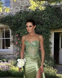 Niulatu Mermaid Spaghetti Straps Sage Green Long Satin Prom Dresses Formal Evening Dress SD2416
