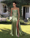 Niulatu Mermaid Spaghetti Straps Sage Green Long Satin Prom Dresses Formal Evening Dress SD2416