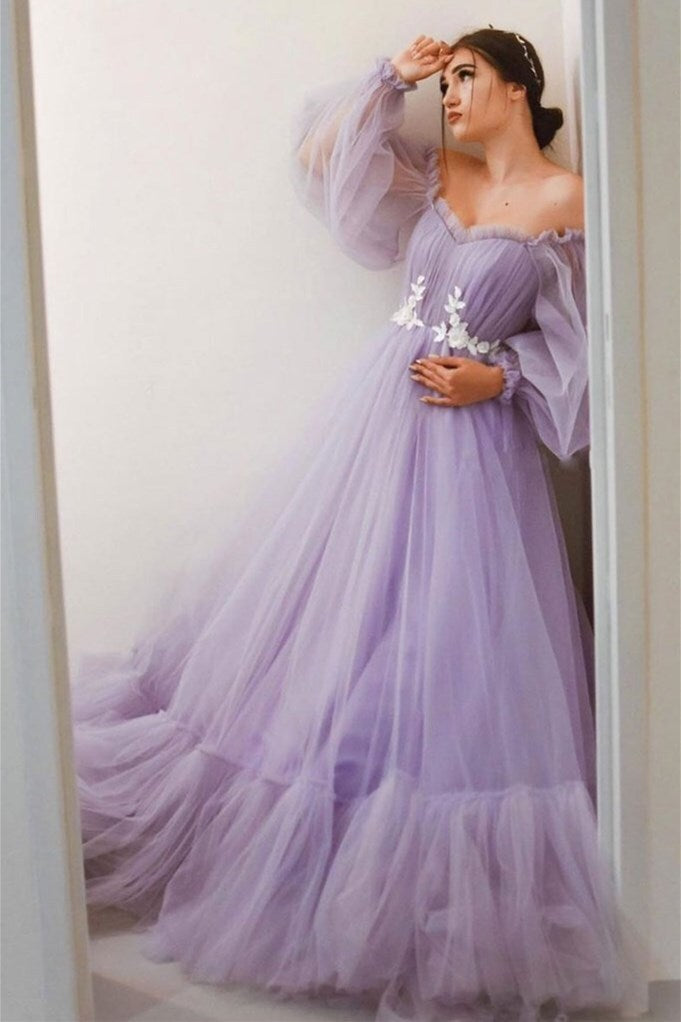 Puffy Long Sleeves Lavender Tulle A-line Ball HZ0308