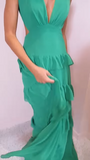 Niulatu Green Deep V Neck Layered Ruffles Evening Dress Backless Long Prom Dress HZ1007