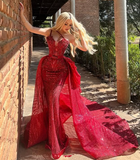 Niulatu Burgundy Tulle Sequins Mermaid Long Prom Dress Evening Dress HZ1007