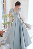 Niulatu Blue Satin Long Prom Dress A-Line Blue Evening Dress HZ1007