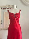 Niulatu Red A Line Straps Ruffle Satin Prom Dress Wedding Guest Dress with Slit HZ0113