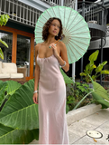 Niulatu Spaghetti Straps Pink Backless Evening Dress Long Prom Dress HZ1007