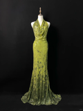 Niulatu Green Halter Sequins Backless Prom Dress Long Mermaid Evening Dress HZ1007