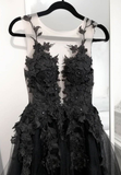 Niulatu Black Lace Tulle Long Prom Dress Black Evening Dress HZ0113