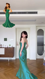 Niulatu Green Mermaid Spaghetti Strap Satin Prom Dress Wedding Guest Dress HZ0113