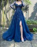 Niulatu Long Sleeves Slit Prom Dress Long Party Dress Evening Dress HZ0113